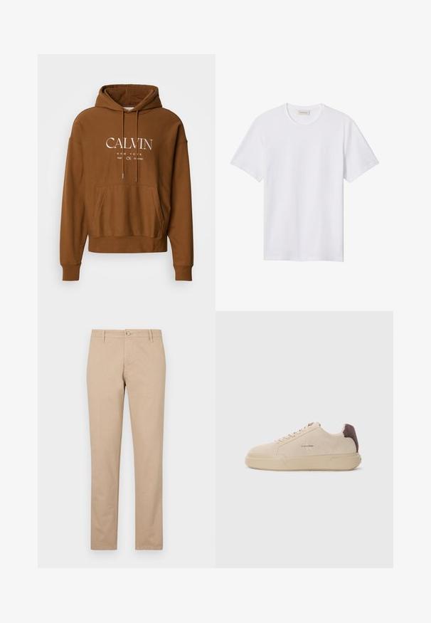 Sudadera con capucha marrón con cordón ajustable, bolsillo canguro frontal y logotipo de texto blanco con las palabras "CALVIN" y "NEW YORK" en el pecho.; Camiseta blanca lisa de manga corta con cuello redondo, con un pequeño logo en relieve en el pecho izquierdo y una etiqueta de la marca en el interior del cuello.; Pantalones beige de algodón con corte recto, que cuentan con un cierre frontal de botones, bolsillos laterales y detalles de textura sutil.; Zapatilla de ante beige con punta redondeada, cordones en la parte frontal y un acento de ante marrón en el talón. Cuenta con una suela de goma texturizada.