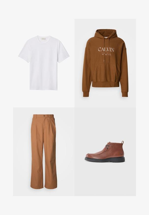 Brun hættetrøje med justerbar snøre i hætten, frontal kængurulomme og hvid tekstlogo med "CALVIN" og "NEW YORK" på brystet.; Hvidt ensfarvet T-shirt med korte ærmer og rund hals, med lille præget logo på venstre bryst og mærke indeni kraven.; Bukser med vide ben i et varmt brunt stof, med frontknaplukning, diskrete folder og en lige pasform for en afslappet komfort.; Brune læder ankelstøvler med en rund tå, snøredetaljer og en sort gummisål. Bemærkelsesværdigt logo på hælen og syningens accenter.