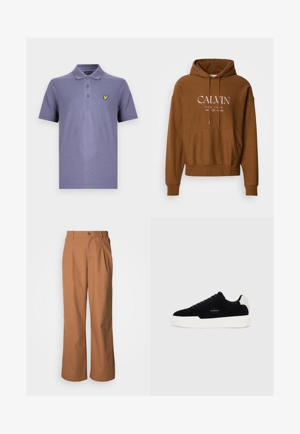 Sudadera con capucha marrón con cordón ajustable, bolsillo canguro frontal y logotipo de texto blanco con las palabras "CALVIN" y "NEW YORK" en el pecho.; Camisa tipo polo púrpura con una tapeta de tres botones, mangas cortas y un pequeño logo de un pájaro amarillo en el lado izquierdo del pecho. Tejido de mezcla de algodón.; Pantalones de pierna ancha en un tejido marrón cálido, con cierre frontal de botones, pliegues sutiles y corte recto para un ajuste relajado.; Zapatilla negra de corte bajo con suela blanca y tab de talón, parte delantera con cordones y logo de Calvin Klein en el lateral.