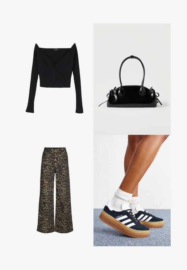 Even&Odd by Zalando Langarmshirt - black; Weit geschnittene Hose mit durchgehendem braun-schwarzem Leopardenmuster und vorderem Knopf- und Reißverschluss.; Beine mit weißen Socken und schwarzen Adidas Gazelle Sneakers mit weißen Streifen und dicken braunen Sohlen auf einem grauen Teppichboden.; Kleine schwarze glänzende Handtasche mit zwei langen Griffen und seitlichen Kordelzug-Details vor einfachem hellem Hintergrund.