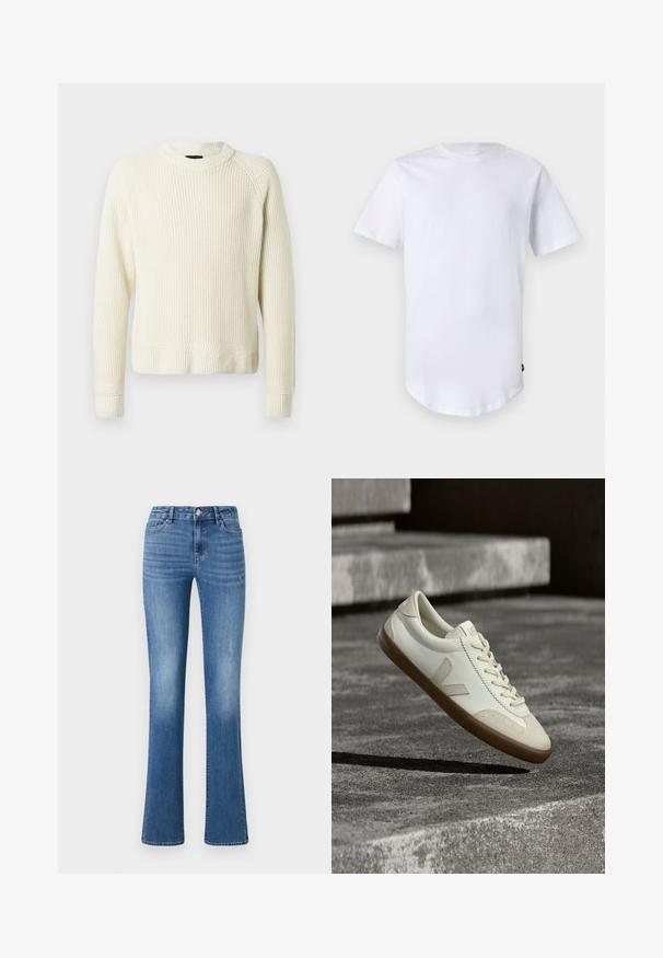 Crème-gekleurde gebreide trui met lange mouwen, geribbelde manchetten en onderrand, en een ronde halslijn op een effen witte achtergrond.; Witte katoenen t-shirt met korte mouwen. Rond de hals ontwerp met een gebogen zoom. Label zichtbaar aan de onderste linkerzijde. Gladde textuur.; ONLY ONLWAUW MID WAIST - Slim fit jeans - medium blue denim; Witte leren sneakers met een bruine rubberen zool, platte veters en een V-vormig accent aan de zijkant. Ze hebben een glad oppervlak en minimale stikdetails.
