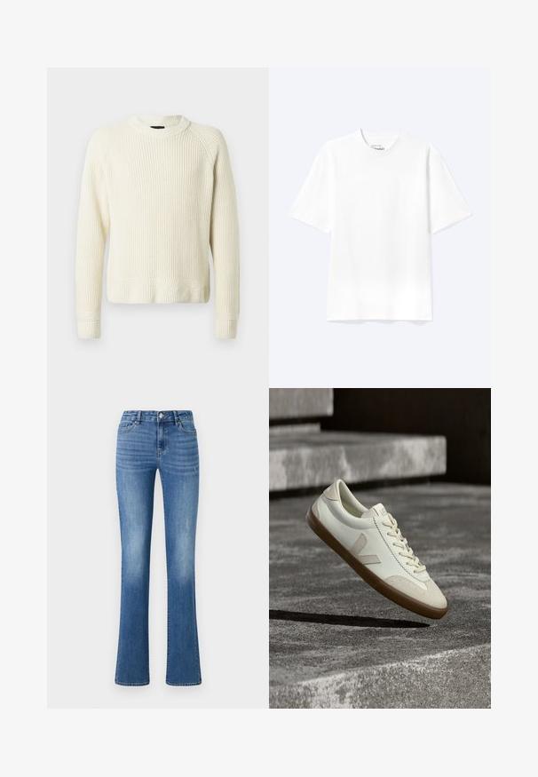 Pull en maille couleur crème avec des manches longues, des poignets et un ourlet côtelés, et un col rond sur un fond blanc uni.; T-shirt blanc uni à manches courtes et col rond avec une coupe décontractée, présenté sur un fond clair.; ONLY ONLWAUW MID WAIST - Jean slim - medium blue denim; Baskets en cuir blanc avec semelle en caoutchouc beige, lacets plats et accent en forme de V sur le côté. Présentent une surface lisse et peu de détails de couture.