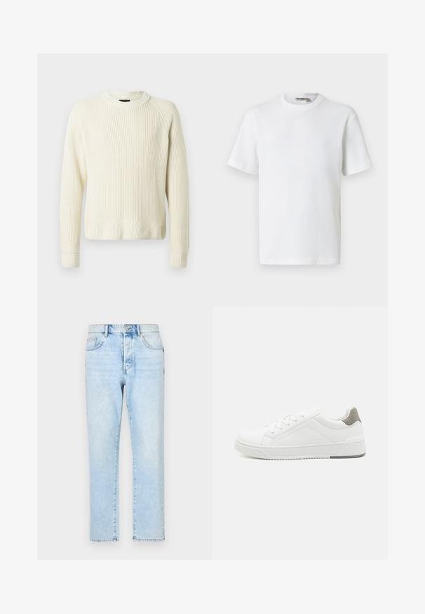 Crème-gekleurde gebreide trui met lange mouwen, geribbelde manchetten en onderrand, en een ronde halslijn op een effen witte achtergrond.; Wit T-shirt met korte mouwen, wafelstructuur en ronde hals, met een klein merkembleem aan de binnenkant van de kraag, afgebeeld op een effen achtergrond.; Lichtblauwe spijkerbroek met een recht pijpdesign, vervaagde textuur en traditionele vijf-vakken stijl. Voorzijde met ritssluiting en knoopsluiting.; Witte sneaker van glad leer met een ronde neus, minimalistisch ontwerp, grijze hielaccent en een geplaatste rubberen zool.