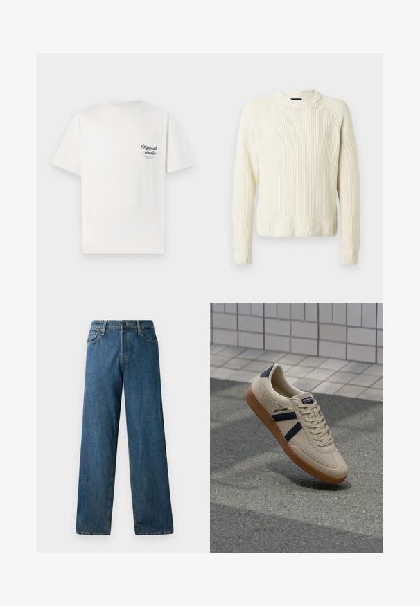 Crème-gekleurde gebreide trui met lange mouwen, geribbelde manchetten en onderrand, en een ronde halslijn op een effen witte achtergrond.; Witte katoenen t-shirt met korte mouwen, met een klein marineblauw gedrukt logo op het linkerborstgebied. Klassiek ronde hals ontwerp.; Donkerblauwe denim jeans met een ontspannen pasvorm, rechte pijpen, vijf zakken en contrasterende stiksels. Beschikt over een ritssluiting met een knoop aan de voorkant.; Beige sneaker met een textuurafwerking, marineblauwe strepen en een rubberen zool. Heeft een gevoerde tong en een traditioneel vetersysteem voor een veilige pasvorm.