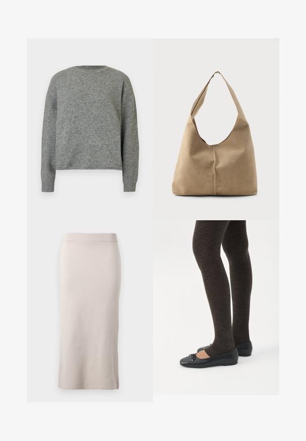 Grå strikket sweater med rund hals, lange ærmer og en afslappet pasform. Teksturen virker blød med et subtilt meleret mønster.; Strikket blyantskørt i en lys beige farve, med en ribbet talje, slim fit og slidser i siden for bedre bevægelighed. Blød tekstur, minimalistisk design.; Ben iført mørke ribbede leggings kombineret med sorte balletsko med små sløjfedetaljer på hvid baggrund.; Hobo taske i blød beige ruskind med en afslappet form, bred skulderrem og håndsyet sømdetalje langs fronten.
