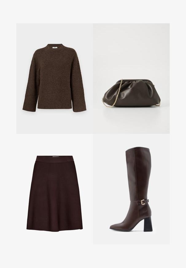 Brun strikket sweater med høj hals, brede ærmer, ribbede kanter og blød tekstur. Har en afslappet pasform og minimalistisk design.; Mørkebrun A-formet nederdel med en tætsiddende linning, lavet af et glat, tekstureret stof, vist på en hvid baggrund.; Brune læder knæhøje støvler med spids tå, blokhæl og et guldspænde som accent på siden. Glat tekstur og elegant design.; Brun læderhandtaske med en sammensnøring, guld kædestrop og blød, struktureret overflade. Kompakt form velegnet til aftensbrug.