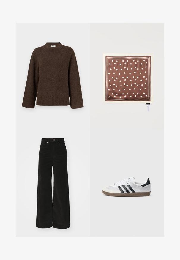 Bruine gebreide trui met een hoge hals, brede mouwen, geribbelde zoom en zachte textuur. Heeft een ontspannen pasvorm en een minimalistisch ontwerp.; Zwarte corduroy wijde broek met een hoge taille, voorzien van twee voorkruimels en een metalen knoopsluiting. Textiel met verticale ribbels.; Witte mesh sneaker met zwarte strepen, beige suède neuskapje en hielaccent, gestructureerde rubberen zool en witte veters. Klassiek ontwerp met lage schacht.; Bruine vierkante sjaal met witte polkadots en dubbele witte rand, plat uitgestald met een zichtbaar wasvoorschriftlabel in de onderste hoek.