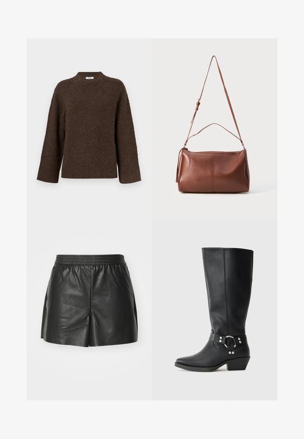 Pull en maille marron avec un col montant, des manches larges, un ourlet côtelé et une texture douce. Présente une coupe décontractée et un design minimaliste.; Shorts en cuir noir avec une taille élastique, un design ajusté et des fentes latérales pour plus de liberté de mouvement et de ventilation. Texture lisse.; Bottines noires en cuir hauteur genou avec un bout pointu, dotées d'une sangle décorative à la cheville et d'accents en métal argenté. Talon bas empilé.; Sac à bandoulière en cuir marron avec une texture douce, une forme arrondie, une bandoulière réglable unique et un détail pompon sur le côté.