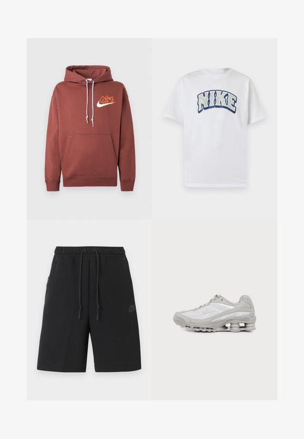 Hoodie marron en coton. Il comprend une poche avant, des cordons blancs et un logo avec le texte "Air" et une virgule en orange et crème.; T-shirt blanc à manches courtes avec un large texte incurvé « NIKE » en lettres épaisses et soulignées centré sur la poitrine.; Shorts de sport noirs Nike avec taille élastique, cordon de serrage, poches latérales et logo discret sur la cuisse gauche.; Baskets de sport grises et blanches avec semelle à coussin d'air visible et panneaux en mesh, présentées de profil sur un fond clair uni.