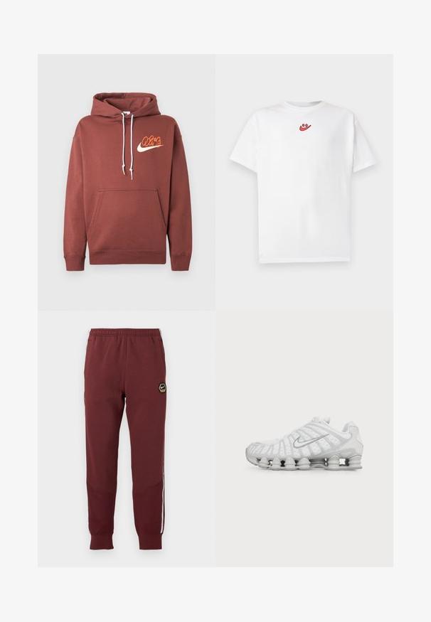 Brun hættebluse lavet af bomuld. Har en lomme foran, hvide snore og et logo med "Air"-tekst og swoosh i orange og creme.; Hvid t-shirt med korte ærmer og lille rødt smiley-logo placeret centralt nær halsudskæringen foran.; Mørkerøde sweatpants med et sekskantet Nike-logo, elastisk talje, to sidelommer og hvide sidelommer. Tekstureret stof med tapered ben-design.; Hvid Nike løbesko med synlig luftstøbt sål og sølv swoosh-logo på siden, vist fra ydersiden.