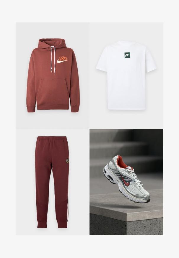 Brauner Hoodie aus Baumwolle. Mit einer vorderen Tasche, weißen Kordeln und einem Logo mit dem Text "Air" sowie einem Schwung in Orange und Creme.; Weißes Nike-T-Shirt mit kurzen Ärmeln, versehen mit einem kleinen grünen quadratischen Logo, das den Nike-Swoosh und Text in der Brustmitte zeigt.; Bordauxfarbene Sweatpants mit einem hexagonalen Nike-Logo, elastischem Bund, zwei Seitentaschen und weißen Seitenstreifen. Strukturierter Stoff mit schmal zulaufendem Beindesign.; Weißer und silberner Nike Laufschuh mit roten Akzenten, der über einer Betonbrüstung schwebt und seine Seiten- und Sohlen-Details zeigt.