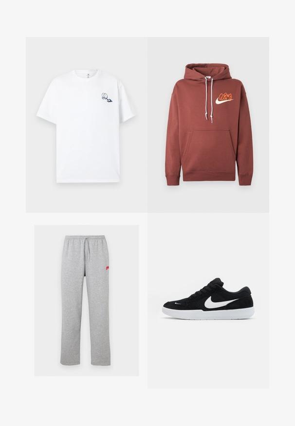 Hoodie marron en coton. Il comprend une poche avant, des cordons blancs et un logo avec le texte "Air" et une virgule en orange et crème.; T-shirt en coton blanc à manches courtes, avec un motif graphique bleu marine sur le côté gauche de la poitrine. Style classique à col rond.; Pantalon de jogging gris clair avec taille élastique et cordon, avec petit logo Nike rouge sur la partie supérieure de la cuisse gauche.; Baskets en suède noires avec accents blancs, dotées d'une pointe arrondie, d'une semelle blanche épaisse et de lacets noirs. Logo Nike blanc bien visible sur le côté.
