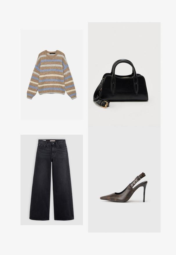 Langærmet blød sweater med vandrette striber i beige, lyseblå og creme, med rund halsudskæring og ribstrikkede manchetter og kant.; Bredbenede sorte jeans lavet af denim, med høj talje, fem lomme-design og subtilt slid langs forsiden.; Brune læder slingback højhælede sko med spids tå, justerbar spænde og sort stiletto hæl på ensfarvet baggrund.; Sort læderhåndtaske med dobbelt håndtag og aftagelig skulderrem med guldlås, sat mod en ensfarvet hvid baggrund.