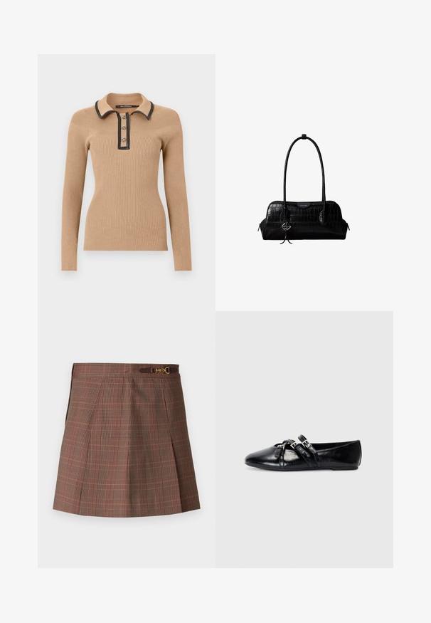 Polo de manga larga beige con canalé y cuello y tapeta negra. Presenta tres acentos de botones dorados redondos en la parte frontal.; Falda de cuadros marrones con acentos en naranja, con un diseño plisado, cintura ajustada y un detalle decorativo de hardware dorado en el cinturón.; Bailarinas de cuero negro con punta afilada, dos correas decorativas con hebillas plateadas y una textura suave y brillante.; Bolso de hombro negro de cuero con textura de cocodrilo, con correas largas y un pequeño colgante de logo plateado en una correa.