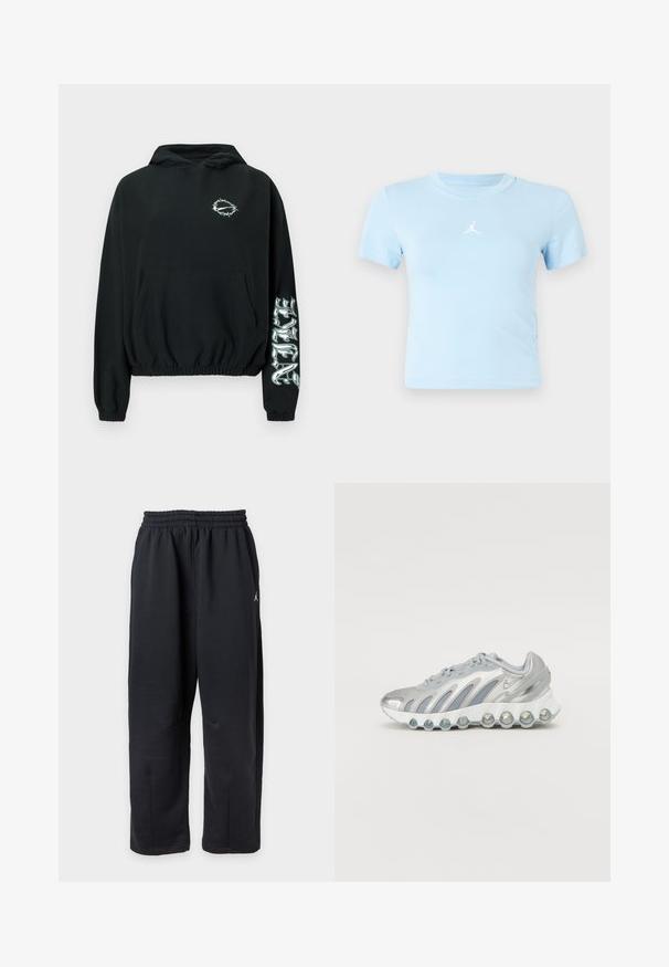 Sort cropped hættetrøje med pigtrådsdesign på brystet og stiliseret tekst på højre ærme, elastiske manchetter og frontlomme.; Lyseblå kortærmet cropped t-shirt med et lille hvidt Jumpman-logo centralt på brystet mod en ensfarvet baggrund.; Sorte løse sweatpants med elastisk talje og lille hvidt logo på højre side.; Sølv- og grå sportsko med en mesh-overdel, buet design og en unik rund sål med gennemsigtige stødabsorberende elementer.