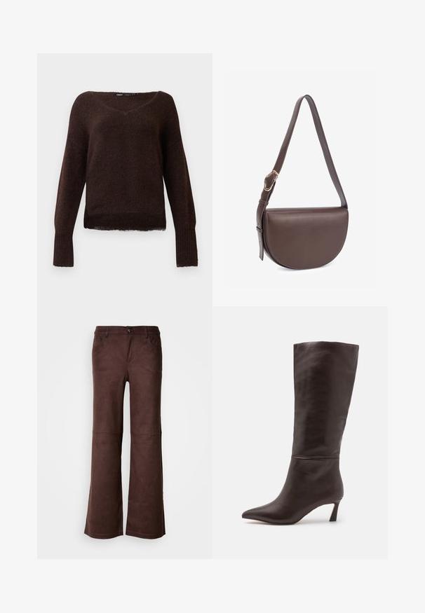 Pull en tricot fuzzy marron foncé avec un col en V, des manches longues et des poignets côtelés sur un fond blanc uni.; Pantalons évasés marron en tissu doux semblable à du daim. Comprend quatre poches, une fermeture à bouton et une surface lisse et texturée.; Steve Madden LAVAN - Bottes - brown; Sac bandoulière en cuir marron avec une forme courbée, une sangle réglable et des détails en métal doré. Texture lisse et design minimaliste.