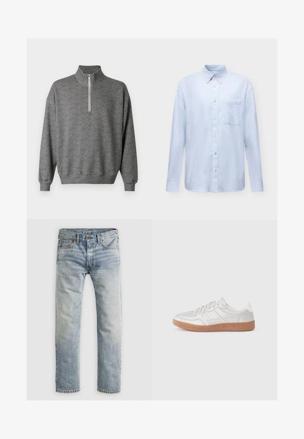 Grijze pullover trui in visgraatmotief met een hoge kraag en een rits die tot een kwart geopend kan worden. Voorzien van geribbelde manchetten en zoom, wat een gelaagde textuur geeft.; Lichtblauw overhemd met lange mouwen, knopen, een borstzak aan de voorkant en een knoopkraag op een effen witte achtergrond.; Lichtblauwe denim jeans met rechte pijpen, met knoopsluiting, voorzakken en riemlussen, plat weergegeven op witte achtergrond.; Zilveren sneakers met een gladde textuur, vetersluiting, geperforeerde accenten en een gestructureerde bruine rubberen zool.