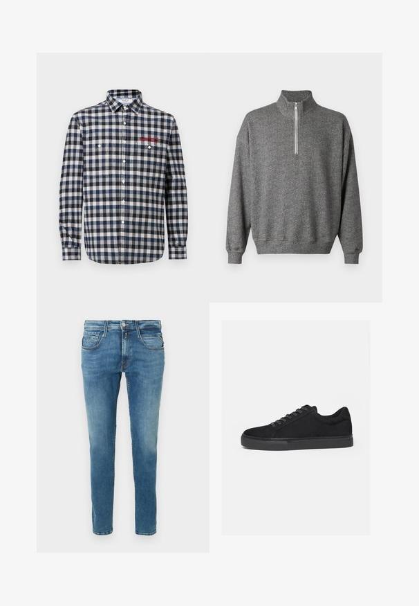 Grå fiskebensmønstret sweatshirt med høj krave og kvartlynlås. Har ribstrikkede manchetter og kant, der giver en struktureret finish.; Herre skjorte med knapper i marine- og hvidt ternet mønster, der har to brystlommer, en almindelig krave og røde broderidetaljer.; Denimjeans i lyseblå med lige ben. Har fem lommer, lynlås med knapper og kontrastsømme langs syningerne.; Sort lavtop sneaker med snørelukning foran og flad gummisål, vist fra siden på en hvid baggrund.