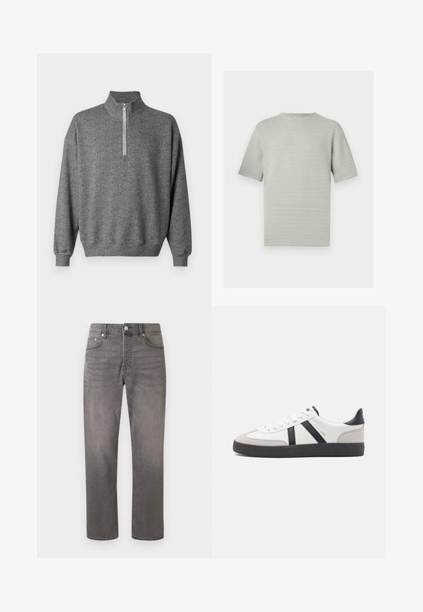 Sweat-shirt gris à chevrons avec col montant et fermeture éclair à quart. Comprend des poignets et un ourlet côtelés pour une finition texturée.; Haut en tricot gris clair à manches courtes avec un motif en zigzag subtil et un col rond sur fond blanc.; Jean gris à jambes droites avec bouton avant, fermeture éclair, passants de ceinture et design classique à cinq poches sur fond blanc.; Baskets blanches avec des accents noirs et gris, présentant un embout texturé gris, une semelle en caoutchouc noir et des lacets plats blancs. Design épuré, style minimaliste.