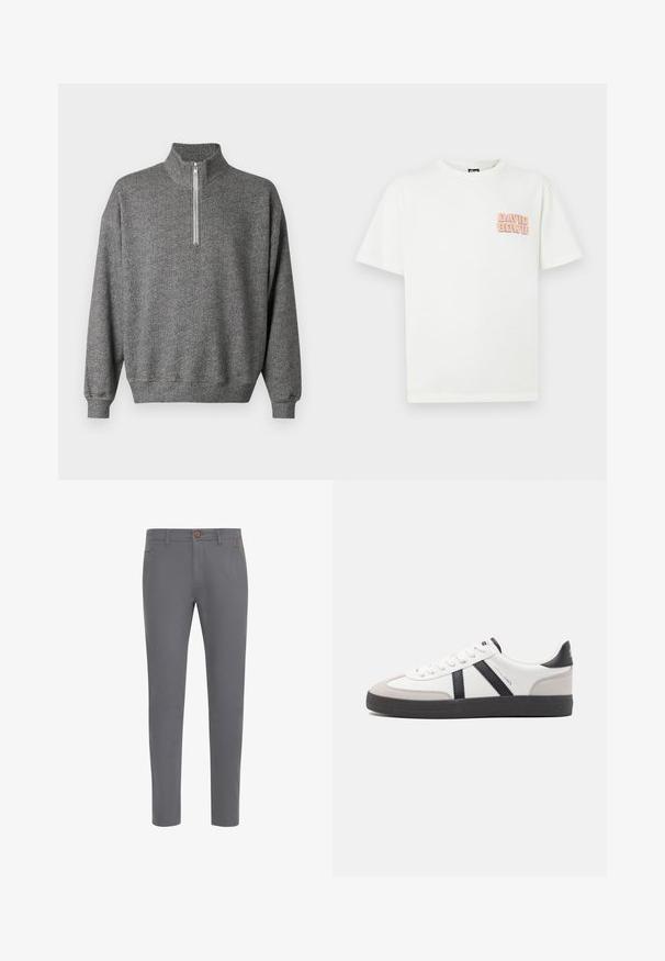 Grauer Herringbone-Pullover mit hohem Kragen und Viertel-Reißverschluss. Ausgestattet mit gerippten Bündchen und Saum, die eine strukturierte Optik verleihen.; Weißes T-Shirt mit kurzen Ärmeln, auf dem sich im linken Brustbereich der Schriftzug "David Bowie" in Pink und Orange befindet.; Graue Baumwollhosen mit einer taillierten Passform, ausgestattet mit einem Knopfverschluss, normalen Taschen und einer glatten Textur.; Weiße Sneaker mit schwarz- und grau-aczenten, ausgestattet mit einer strukturierten grauen Zehenkappe, schwarzer Gummi-Sohle und flachen weißen Schnürsenkeln. Sauberes Design, minimalistische Stil.