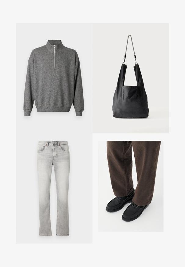 Grå fiskebensmønstret sweatshirt med høj krave og kvartlynlås. Har ribstrikkede manchetter og kant, der giver en struktureret finish.; Lysegrå denimjeans med lige pasform, falmet vask, fem lommer og lynlåslukning. Har diskrete syningsdetaljer.; Sorte lædersko med glat finish, rundet tå og snøredesign, kombineret med teksturerede brune bukser. Set fra gulvniveau.; Sort blød stofnettaske med brede håndtag og en tynd sort-hvid flettet skulderrem.