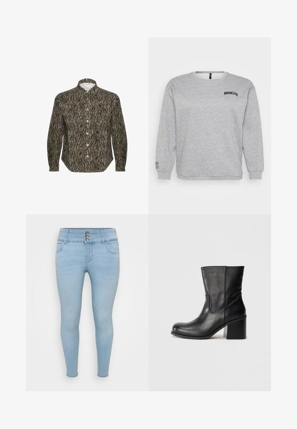 Sweatshirt gris avec manches longues, col rond et "BROOKLYN" brodé sur la poitrine. Les poignets et l'ourlet côtelés assurent une structure.; Chemise à boutons dans un motif zèbre beige et noir, avec un col structuré, des manches longues et des boutons avant bien en évidence.; Jeans skinny bleu clair en denim. Dotés d'une fermeture à trois boutons, de deux poches avant et d'une texture lisse.; Bottine en cuir noir à bout rond, détails de coutures latérales et talon bloc épais. Texture lisse et design minimaliste.