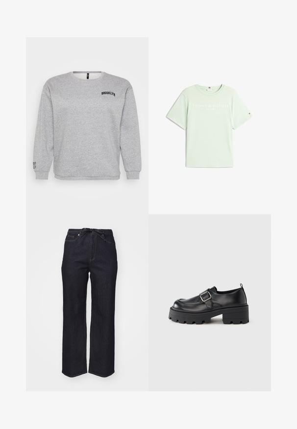 Grå sweatshirt med lange ærmer, rund hals og "BROOKLYN" broderet på brystet. Ribbet manchetter og kant giver struktur.; Mintgrøn kortærmet t-shirt lavet af blød bomuld, med en hvid "TOMMY HILFIGER"-logo og etableringsår trykt på forsiden.; Mørkeblå denimbukser med høj talje, vide ben og et bælte med sløjfe. Har standard syninger og en pæn kant.; Sorte læderplatformsko med en rundet tå, en bred spænde-detalje på siden og en tekstureret gummisål.