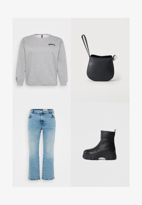 Grijze sweatshirt met lange mouwen, een ronde hals en "BROOKLYN" geborduurd op de borst. Ribgebreide manchetten en zoom zorgen voor structuur.; Lichtblauwe denim jeans met een rechte snit, voorzien van een knoopsluiting, vijf zakken en subtiele vervaging bij de knieën.; Zwarte enkellaarsjes van glad leer, met een stevige rubberen zool met uitgesproken profiel en een treklus aan de achterkant voor gemakkelijke aan- en uittrekken.; Zwart leren polstasje met afgeronde bodem en zilveren gesp op een effen witte achtergrond.