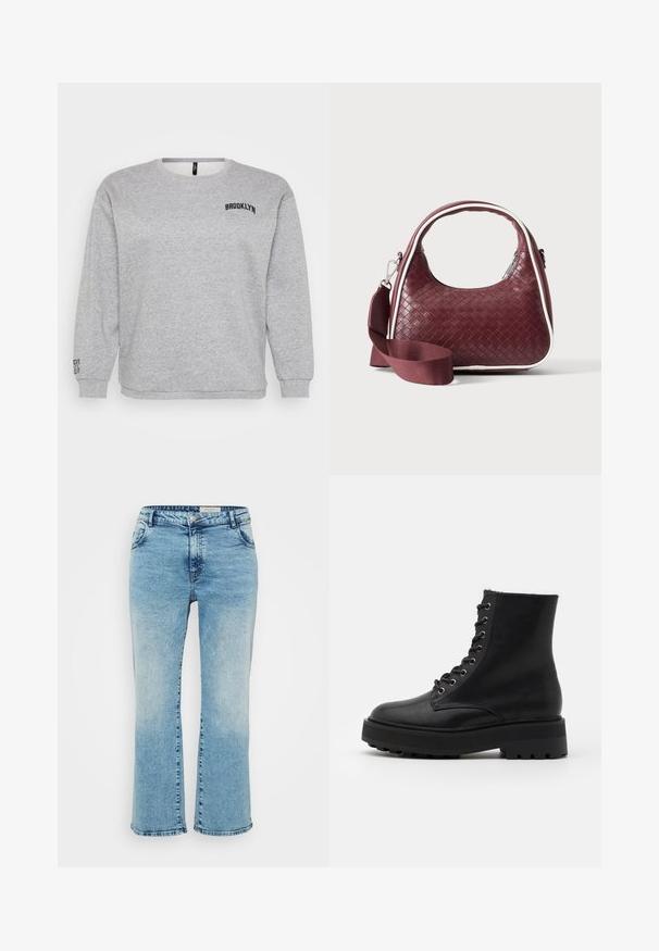 Grauer Sweatshirt mit langen Ärmeln, einem Rundhalsausschnitt und "BROOKLYN" auf der Brust gestickt. Rippbündchen an Ärmeln und Saum sorgen für Struktur.; Hellblaue Denim-Jeans mit geradem Schnitt, Knopfverschluss, fünf Taschen und dezentem Ausbleichen an den Knien.; Schwarze Leder-Stiefeletten mit runder Spitze, strukturiertem Obermaterial, Metallösen und einer dicken, robusten Gummisohle. Verfügt über ein Schnürdesign.; Dunkelrote gewebte Ledertasche mit gebogenem Griff, weißem Besatz, silbernem Reißverschluss und abnehmbarem breitem Stoff-Schulterriemen vor einfarbigem Hintergrund.