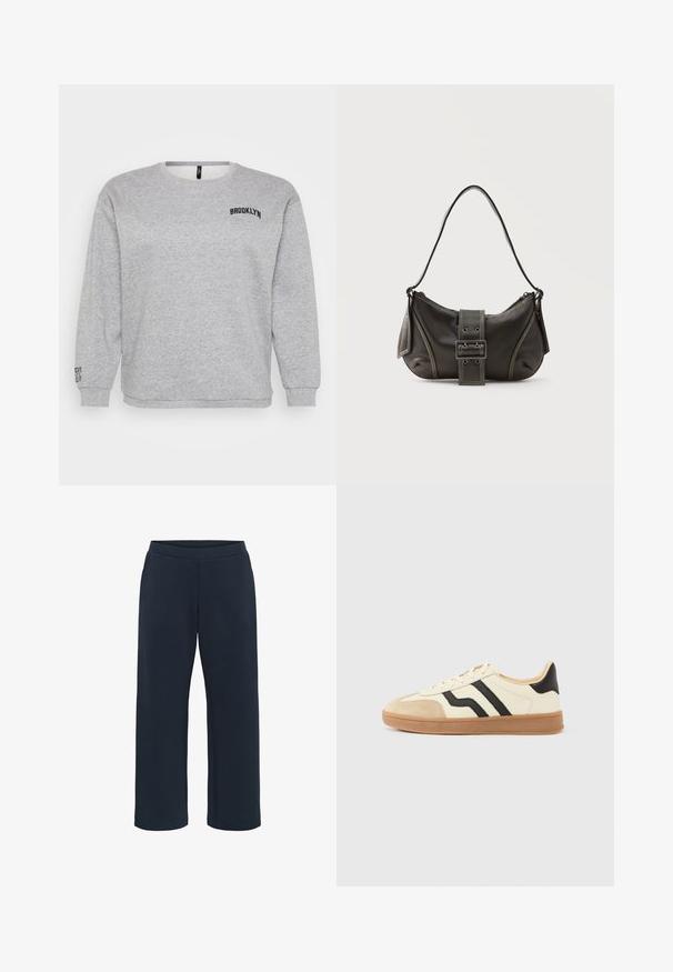 Sweatshirt gris avec manches longues, col rond et "BROOKLYN" brodé sur la poitrine. Les poignets et l'ourlet côtelés assurent une structure.; Pantalons en mélange de coton, coupe confortable, couleur bleu marine foncé, avec une taille élastique et des jambes droites. Sans poches ni coutures visibles.; Baskets à lacets avec une tige crème ornée de rayures noires et un bout en daim, complétées par une semelle en caoutchouc marron.; Sac à épaule en cuir noir avec une sangle à boucle, des bords arrondis et des coutures blanches contrastées sur un fond uni.