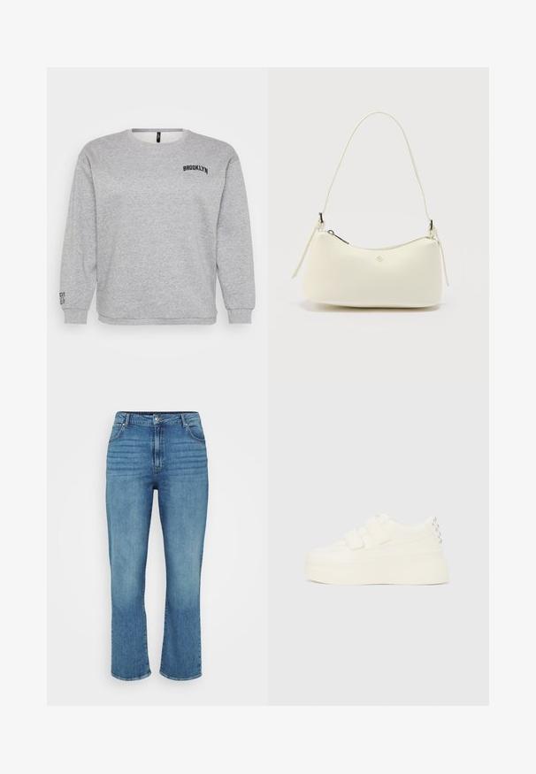 Grijze sweatshirt met lange mouwen, een ronde hals en "BROOKLYN" geborduurd op de borst. Ribgebreide manchetten en zoom zorgen voor structuur.; Lichtblauwe denim jeans met een recht model, voorzien van vijf zakken, een riemlussen en subtiele vervaging aan de voorkant.; Witte platform sneaker met dubbele klittenbandsluitingen en zilverkleurige studs op de hiel, zijdelings getoond tegen een effen achtergrond.; Kleine witte handtas van textuurleer met een gebogen rits aan de bovenkant, een enkele riem en een minimalistisch metalen logo in het midden aan de voorkant.