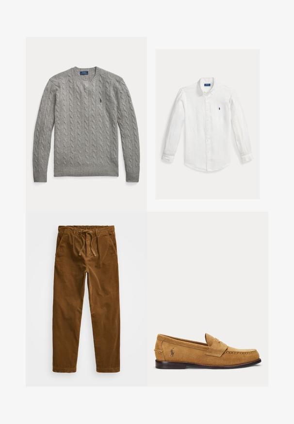 Lysegrå kabelstrikket langærmet sweater med rund hals og lille Polo Ralph Lauren-logo på brystet.; Hvid langærmet skjorte med knapper og en skjortekrave med knapper samt lille blå broderet Polo Ralph Lauren-logo på venstre bryst.; Brune corduroy bukser med en elastisk talje med snøre, sidelommer og lige ben med tekstureret ribbing.; Lysebrun ruskind loafer med syede detaljer og lille broderet hestelogo på siden, med lav træhæl og slip-on design.