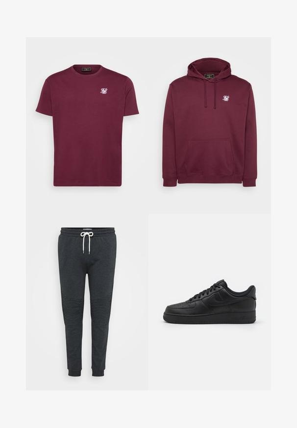 Burgunderfarbenes Kapuzenpullover aus weichem Stoff, mit einer Vorderasche und einem kleinen weißen Logo auf der Brust. Lange Ärmel und gerippte Bündchen.; Bordeaux Baumwoll-T-Shirt mit runder Halslinie, kurzen Ärmeln und einem kleinen weißen Logo auf der linken Brust. Glatte Textur und klassischer Schnitt.; Dunkelgraue Jogginghose mit weißem Kordelzug, gerippten Knie-Details, elastischem Bund und Bündchen an den Knöcheln vor einem schlichten Hintergrund.; Nike Sportswear AIR FORCE 1 07 FLYEASE - Sneaker low - black
