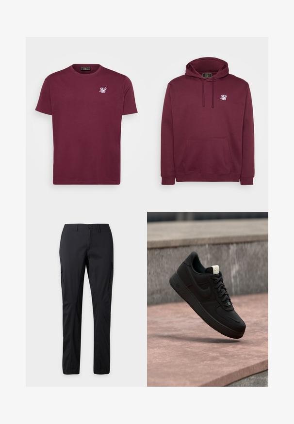 Burgundia kapuutsweater, mis on valmistatud pehmest kangast, esiküljel tasku ja väike valge logo rinnal. Pikad varrukad ja soonikkoes mansetid.; Bordeaux puuvillane T-särk, millel on ringkaelus, lühikesed varrukad ja väike valge logo vasakul rinnal. Sile tekstuur ja klassikaline fitt.; Mustad sirged cargo püksid nööpidega kinnitamise, vöölusikute, külgmiste klapitud taskute ja elastsete äärtega heleda tausta ees.; Must Nike Air Force 1 toss üle roosa betoonist ääre halli kivise taustaga, näidates külgi ja pealmisi detaile.