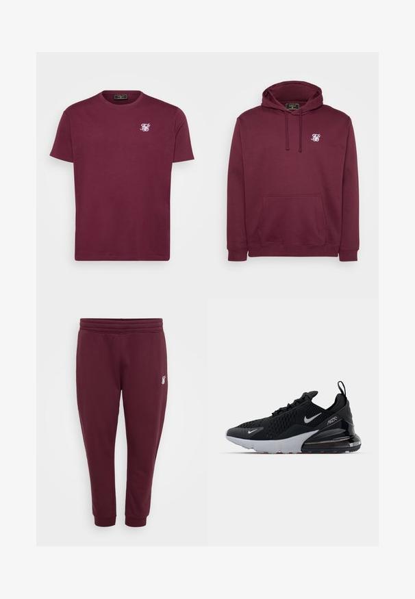 Burgundia kapuutsweater, mis on valmistatud pehmest kangast, esiküljel tasku ja väike valge logo rinnal. Pikad varrukad ja soonikkoes mansetid.; Bordeaux puuvillane T-särk, millel on ringkaelus, lühikesed varrukad ja väike valge logo vasakul rinnal. Sile tekstuur ja klassikaline fitt.; Burgundia värvi dressipüksid, mis on valmistatud pehmest kangast, omavad elastset vööd, mansette pahkluudes ja väikest tikandiga logo vasakus reies.; Mustan värvi spordijalats, millel on võrgust ülemine osa, valge vaheosa ja nähtav õhkpadja mehhanism kannas. Lihtne ja moodne disain, millel on peened hõbedased aktsendid.