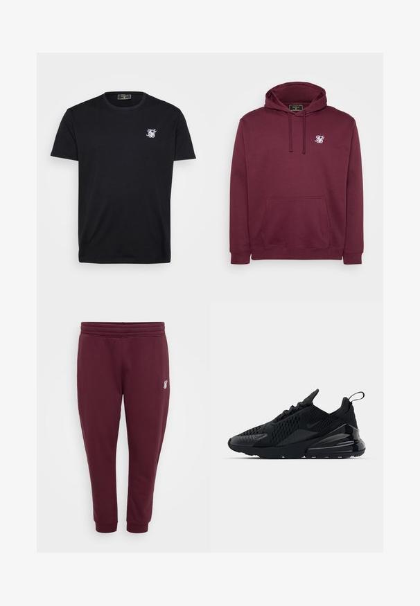 Burgunderfarbenes Kapuzenpullover aus weichem Stoff, mit einer Vorderasche und einem kleinen weißen Logo auf der Brust. Lange Ärmel und gerippte Bündchen.; Schwarzes Baumwoll-T-Shirt mit kurzen Ärmeln, Rundhalsausschnitt und kleinem weißen gestickten Logo auf der linken Brust. Einfaches und klassisches Design.; Burgunderfarbene Sweatpants aus weichem Stoff, mit einem elastischen Bund, Bündchen an den Knöcheln und einem kleinen gestickten Logo am linken Oberschenkel.; Schwarzer Nike Air Max 270 Sneaker mit strukturiertem Obermaterial, Mesh-Einsätzen und einer glänzenden Ferse mit einer auffälligen Luftpolsterungseinheit.
