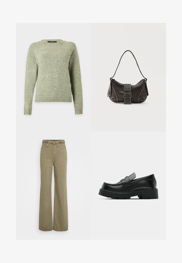 Lysegrøn strikket sweater med rund hals, lange ærmer og ribkant ved ærmer og kant, vist mod en ensfarvet baggrund.; Højtaljede vide bukser i khaki med for- og baglommer, bæltestropper og en knap med lynlås lukning.; Sorte læder loafers med en chunky tekstureret sål, der har en rem over vamps og en glat, poleret finish.; Sort læder skuldertaske med spænde på remmen, afrundede kanter og kontrasterende hvide syninger på en ensfarvet baggrund.
