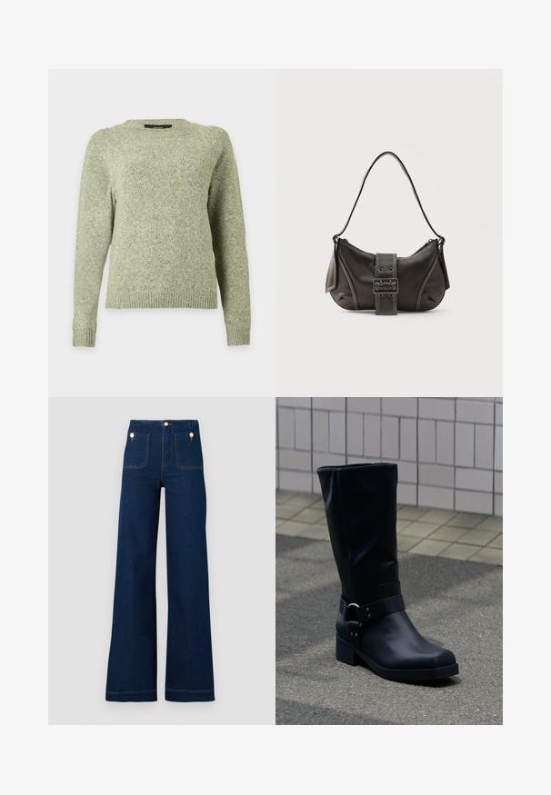 Lysegrøn strikket sweater med rund hals, lange ærmer og ribkant ved ærmer og kant, vist mod en ensfarvet baggrund.; Mørkeblå vidde jeans med høj talje, guldknap-detaljer, to for- og baglommer samt kontrastsyede detaljer. Tekstureret denim stof.; Sort læderstøvle midt på læggen med lav blokhæle og en dekorativ rem med metal spænde rundt om anklen, på en flisebelagt fortov.; Sort læder skuldertaske med spænde på remmen, afrundede kanter og kontrasterende hvide syninger på en ensfarvet baggrund.