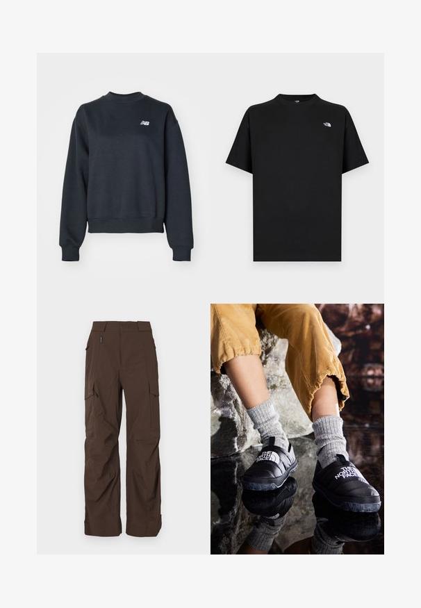 Tmavošedý crewneck sveter z kombinácie bavlny. Má rebrovaný golier a manžety, so malým bielym logom na hrudi.; Čierne tričko s krátkym rukávom z bavlny s okrúhlym výstrihom. Na ľavej strane na hrudi má malý biely logotyp a štandardný strih.; Hnedé cargo nohavice so rovný strihom, vyrobené z odolného materiálu. Obsahujú niekoľko vreciek a bezpečný dizajn pásu.; Čierne zateplené slip-on topánky s textúrovanými podrážkami a bielym logom, nosené s šedými pletenými ponožkami, v kombinácii s rebrovými nohavicami v horčičovej farbe.