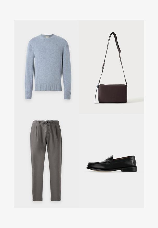 Pull en tricot bleu clair avec un col rond, des bords côtes aux poignets et à l'ourlet. Fabriqué à partir de matériaux doux, il présente une texture lisse et une finition subtile.; Pantalons en coton gris avec une taille élastique et un cordon de serrage. Ils disposent de poches latérales et d'une coupe décontractée, se resserrant aux chevilles.; Mocassin homme en cuir noir avec un petit talon et une couture de style mocassin sur l'avant, vu de côté sur un fond uni.; Sac bandoulière en cuir marron foncé texturé avec une sangle réglable et un petit accent décoratif bleu sur le côté.