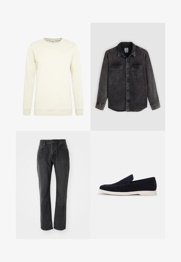 Lys beige sweat-shirt med lange ærmer, rund hals og ribbede manchetter. Fremstillet af et blødt stof med en glat tekstur.; Sort denimskjorte med knapper foran, to brystlommer og krave. Har en falmet struktur og kontrastsyninger.; Sorte denim jeans med lige pasform, der har fem lommer, knaplukning og syede detaljer langs sømmene og lommerne.; Steve Madden MAYNE - Sneakers - navy