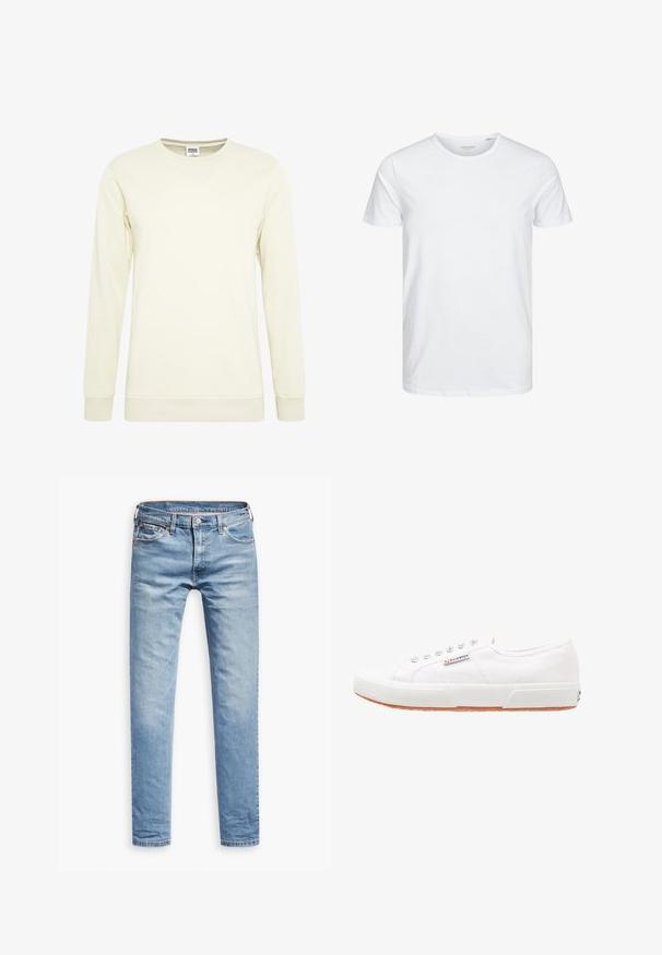 Lys beige sweat-shirt med lange ærmer, rund hals og ribbede manchetter. Fremstillet af et blødt stof med en glat tekstur.; Rundhals kortærmet t-shirt i ensfarvet hvid, lavet af blød bomuld, har et simpelt design uden synlige mønstre eller detaljer.; Lyseblå denimbukser, lige pasform, fem-lomme design, med lynlås og knaplukning. Glat tekstur med subtile falmede detaljer.; Hvide kanvas sneakers med gummisål, snørebåndsdesign og et lille logo mærke på siden. Tekstureret hvid overdel og brun ydersål.