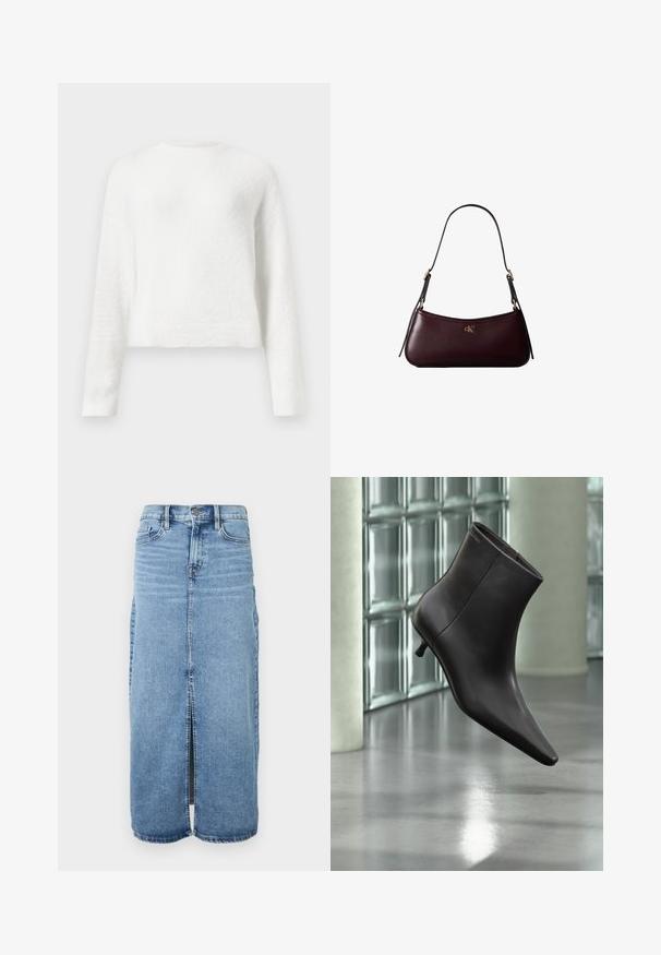Witte lange mouwen fuzzy crewneck trui met een iets cropped pasvorm en textuurstof.; Denim maxi rok in lichtblauw met een split aan de voorkant, knoopsluiting en vijf zakken. Heeft klassieke stiksels en een rechte pasvorm.; Zwarte leren enkellaars met puntige neus en lage hak, afgebeeld tegen een glazen blokkenmuur en gepolijste vloer op de achtergrond.; Donker bordeauxkleurige leren handtas met een smalle zwarte schouderband en klein gouden "cK" logo aan de voorkant in het midden.