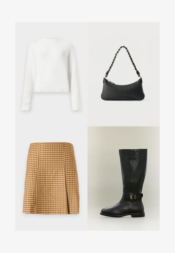 Λευκό πλεκτό πουλόβερ με μακριά μανίκια και στρογγυλή λαιμόκοψη, ελαφρώς κοντό και με υφή.; Κίτρινη και μωβ καρό φούστα με ίσια γραμμή, που διαθέτει μια διακριτική πλυτ στο μπροστινό μέρος και ένα λείο υφασμάτινο ύφασμα.; Ψηλό μαύρο δερμάτινο μποτάκι με χαμηλό τακούνι και πλαϊνό λουράκι με μικρή χρυσή αγκράφα, εμφανίζεται σε ουδέτερο φόντο.; Μαύρη δερμάτινη τσάντα ώμου με καμπυλωτό ορθογώνιο σχήμα, χρυσή αλυσίδα υφαντή σε πλεκτό μαύρο λουράκι και επάνω φερμουάρ κλεισίματος.