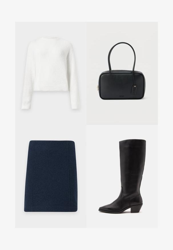 Suéter blanco de cuello redondo de manga larga y peludo con un ajuste ligeramente corto y una tela texturizada.; Minifalda de lana en navy con forma recta, costuras planas y una textura suave. Sin patrones ni adornos visibles.; Bota de cuero negra hasta la mitad de la pantorrilla con puntera puntiaguda y tacón bajo inclinado sobre un fondo claro y liso.; Bolso rectangular negro con asas dobles redondeadas, cremallera dorada y logo "HUGO" en relieve en el frente con etiqueta de cuero adjunta.