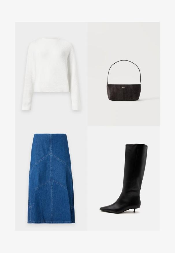 Witte lange mouwen fuzzy crewneck trui met een iets cropped pasvorm en textuurstof.; Denim kokerrok in donkerblauw met verticale naden en een rechte silhouet. Kenmerkt zich door een tailleband en een ruwe zoom.; Zwarte leren kniehoge laars met puntige neus en lage kittenhak tegen een effen lichte achtergrond.; Zwarte geweven gestructureerde handtas met een enkele schouderriem en een klein gouden "BOSS"-logo voor in het midden.