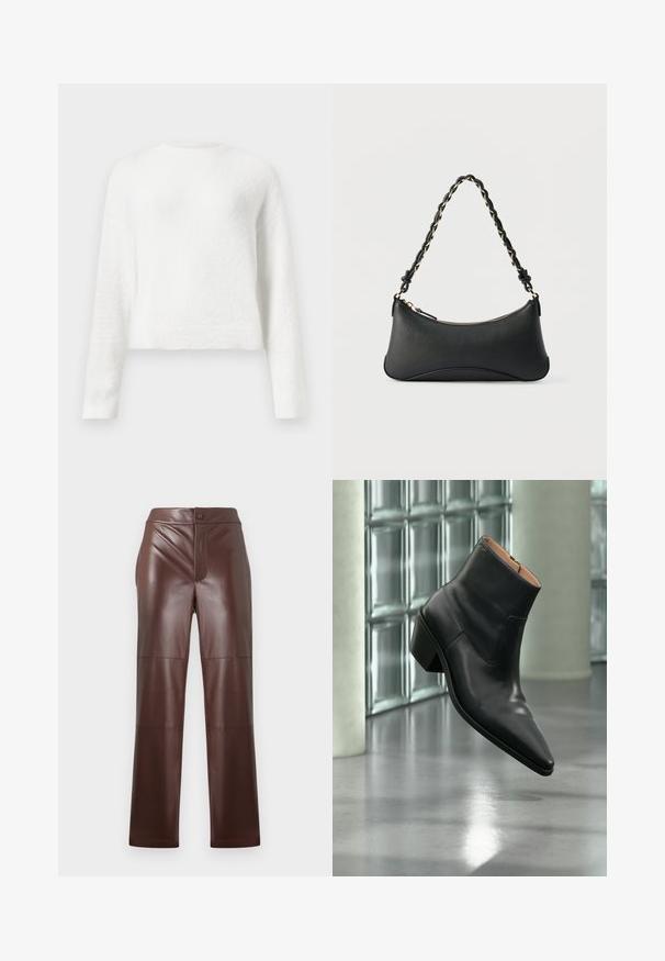 Hvid langærmet fuzzy crewneck sweater med en let cropped pasform og tekstureret stof.; Brune faux læderbukser med lige snit og glat tekstur. Har en frontlynlås og knaplukning, suppleret med tonal syning.; Sort læderankelstøvle med spids tå og blokhæl, der svæver over en reflekterende grå gulv nær en væg af glasblokke.; Sort skuldertaske i læder med en buet rektangulær form, gyldent kæde vævet ind i en flettet sort rem og toplynlås.