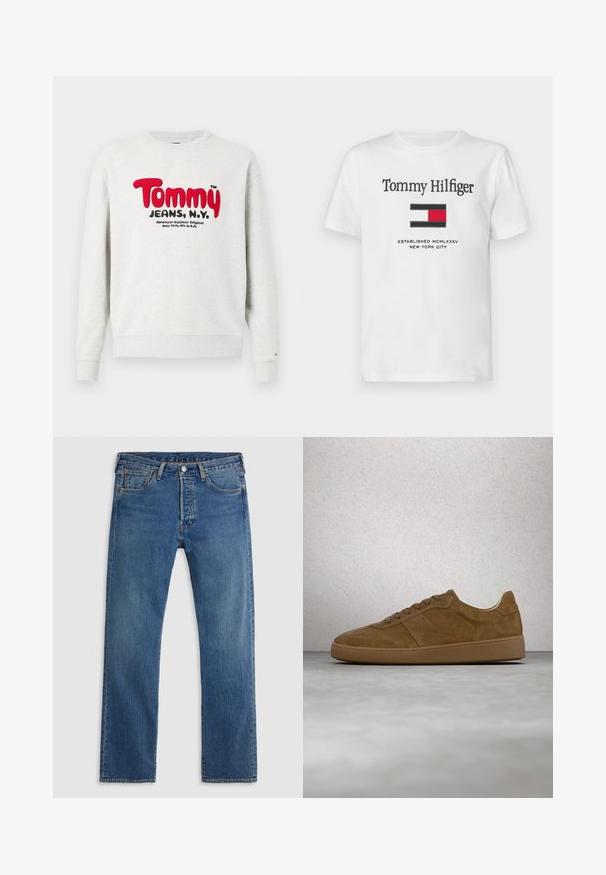 Sudadera de color gris claro con cuello redondo, con el texto rojo "Tommy" y el texto negro "Jeans, N.Y." en la parte frontal, además de un texto negro más pequeño debajo.; Camiseta blanca de manga corta con texto "Tommy Hilfiger", logo rojo, blanco y azul, y "Established MCMLXXXV New York City" impreso debajo.; Vaqueros de mezclilla azul de pierna recta con cinco bolsillos, presillas para el cinturón y un cierre frontal con botón y cremallera sobre un fondo liso.; Zapatilla deportiva de ante marrón con cordones color beige y suela de goma. Presenta una puntera redondeada y detalles cosidos en la parte superior. Diseño ligero.