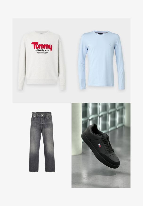 Lys grå sweatshirt med crewneck og rød "Tommy" samt sort "Jeans, N.Y." tekst på forsiden, plus mindre sort tekst nedenfor.; Tommy Hilfiger Langærmet T-shirt - breezy blue; Jeans i denim i en falmet sort farve, med lige ben-design, fem lommer og metalknaplukning i taljen.; Sort Tommy Hilfiger sneaker med logo på siden, sorte snørebånd og perforeret tå, svævende indendørs på en grå poleret gulv.