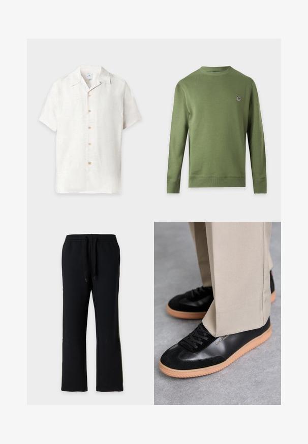 Sweat-shirt uni vert olive à manches longues et col rond avec un petit logo zèbre multicolore sur la poitrine gauche.; Chemise blanche à manches courtes avec boutons, motif floral subtil et col classique, affichée sur un fond uni.; Pantalon de jogging noir à coupe droite avec taille élastique et cordons noirs, présenté sur un fond gris clair uni.; Paul Smith COMO - Baskets basses - black